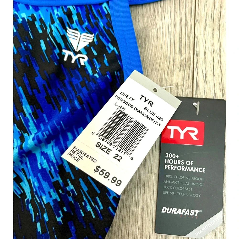TYR DuraFast Elite Youth PERSEUS DiamondFit 1pc Girls Swimsuit Blue Size 22 $60